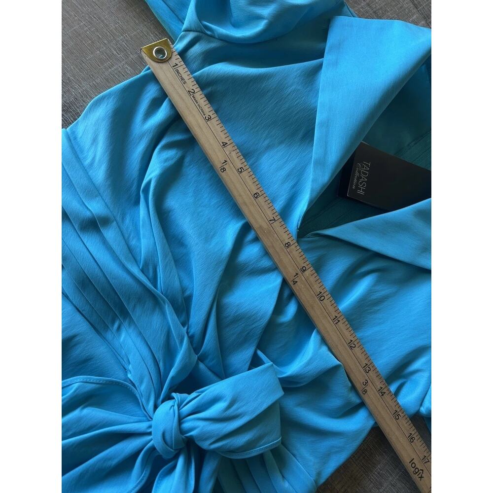 Tadashi Shoji Satin Wrap Blouse Women 6P Evening Cocktail Top Blue Artsy NWT - Picture 6 of 12
